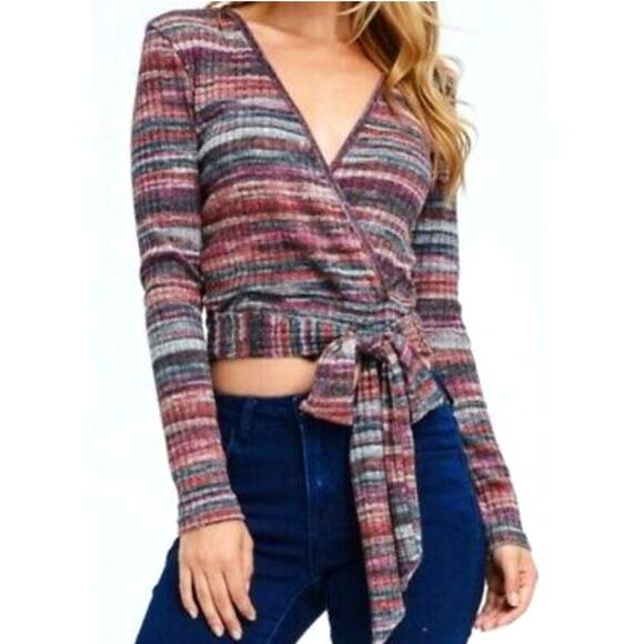 FP Movement by Free People Tops - NWT FP Movement by Free People Red & Grey Striped Ribbed Wrap Top, Sz L
